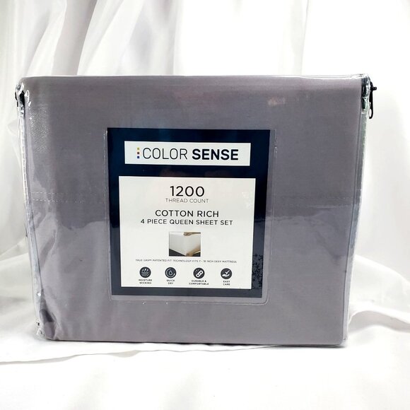 Color Sense 1200 Thread Count Cotton Rich 4-Piece Queen Sheet Set Light Gray - Picture 8 of 8